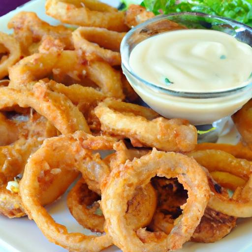 Golden Crispy Onion Rings Paired Perfectly with Ranch Dip