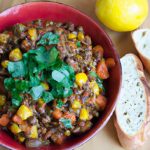 Hearty Vegetarian Lentil Chili Paired with Golden Cornbread