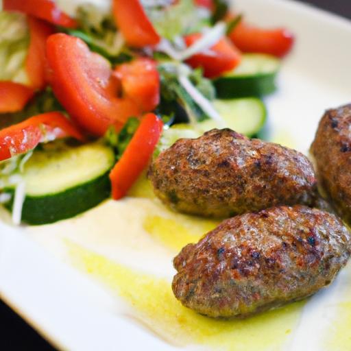 Savor Lamb Kofta Paired with Fresh Tomato & Cucumber Salad