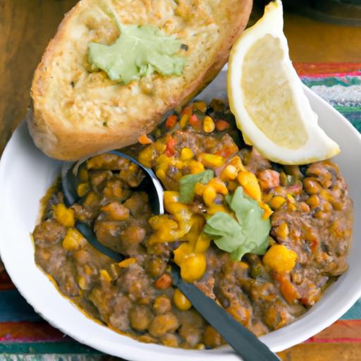 Hearty Vegetarian Lentil‌ Chili Paired with golden Cornbread